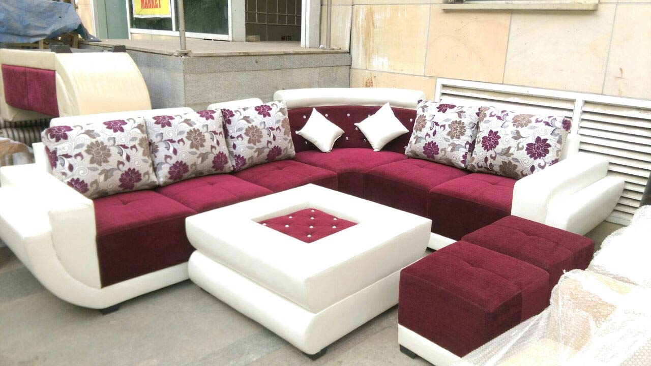 L Shape Sofa Set Fabric Sofa Set and 2 Puffy (White and Maroon)