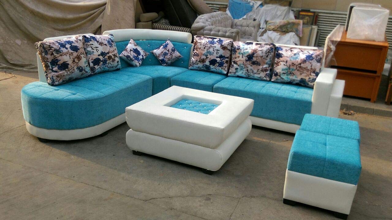 L Shape Sofa Set:- Fabric Sofa Set with Center and 2 Puffy, Standard Size (Sky Blue and White)