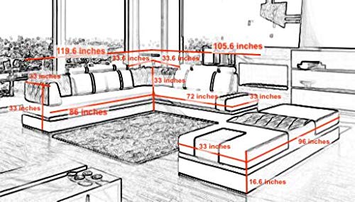L Shape Sofa Set Italian Corner Leatherette Sofa Set with Large Puffy (White and Red)
