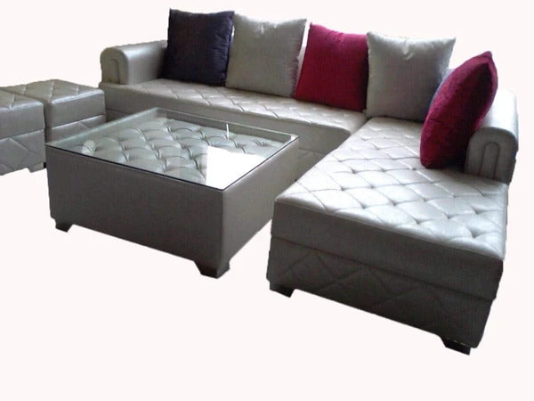 L Shape Sofa Set:- Leatherette Sofa Set and 2 Puffy, Standard, (White)
