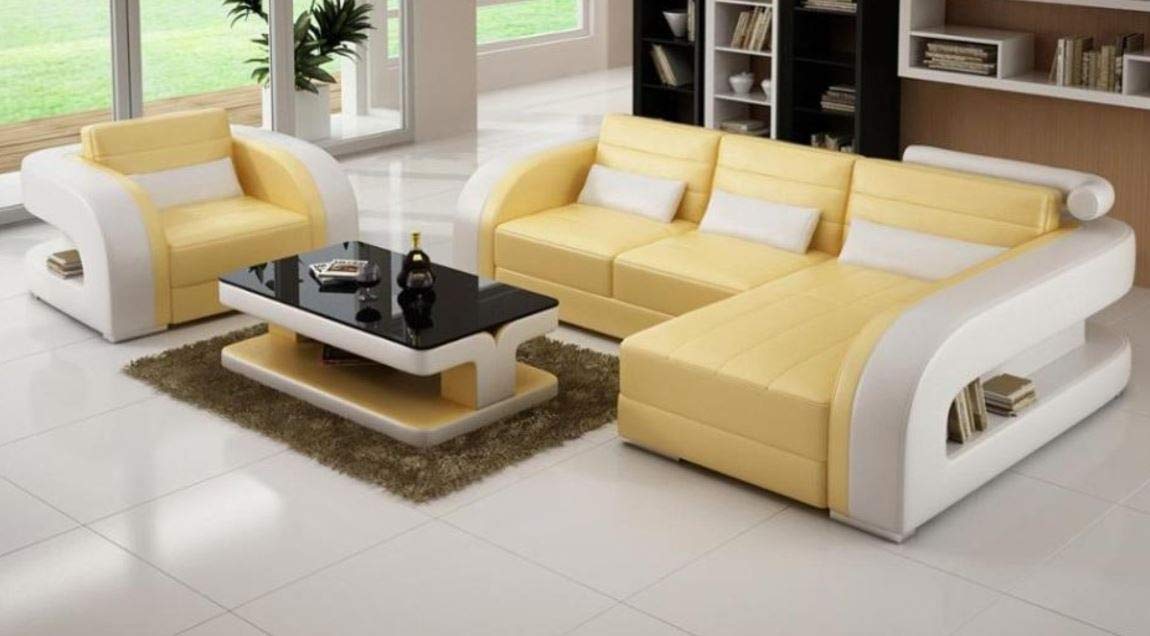 L Shape Sofa Set Luxury Modern Leatherette Sofa Set (Yellow and White)