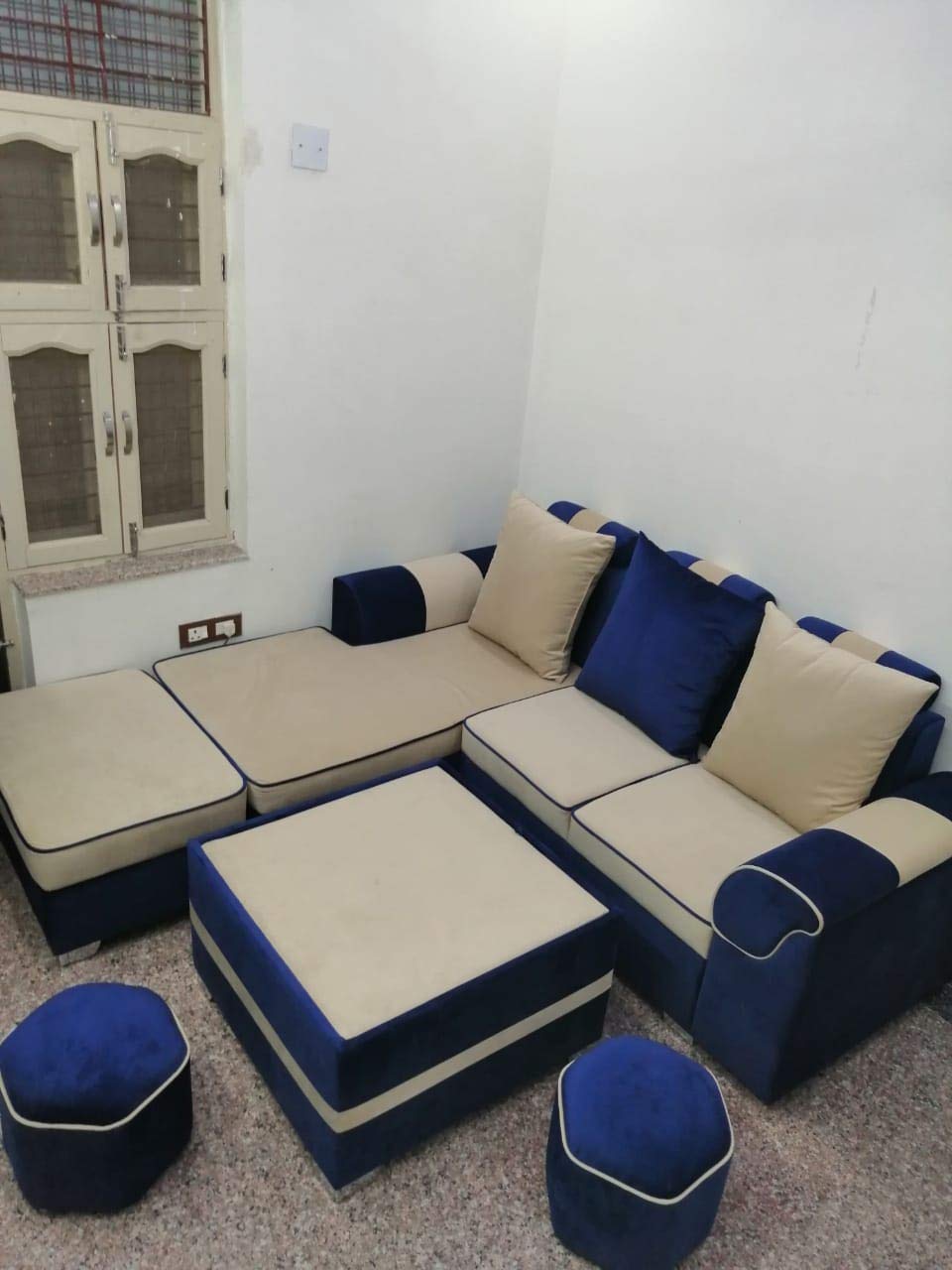 L Shape Sofa Set Pronet Fabric Sofa Set + Lounger +1 Puffy (Beige and Blue)
