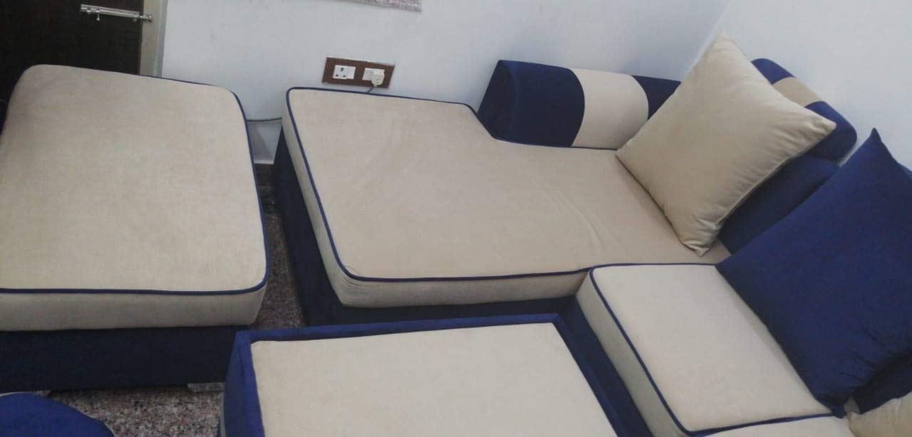 L Shape Sofa Set Pronet Fabric Sofa Set + Lounger +1 Puffy (Beige and Blue)