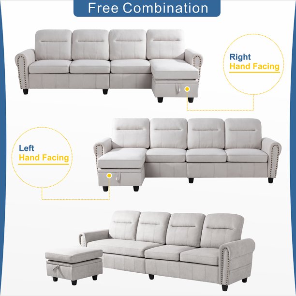 L Shape Sofa Set : Round Arms Modular 4 Seater Sofa Set