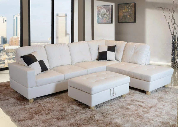 L Shape Sofa Set:- Solid Wood Leatherette Sofa Set, (White)