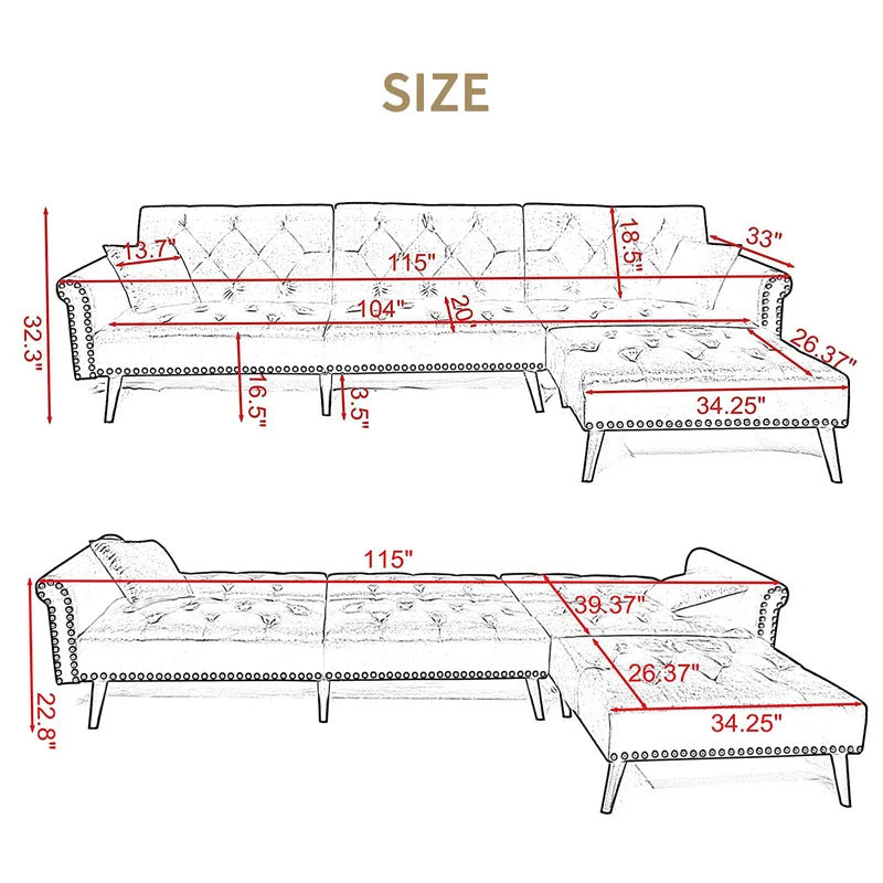 L Shape Sofa Set : Velvet Flared Arm