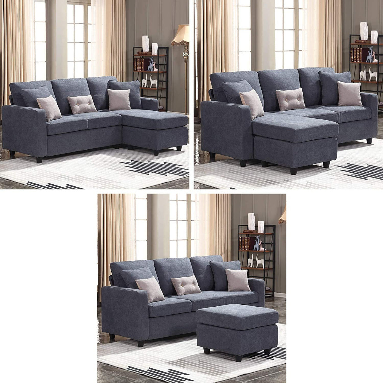 L Shape Sofa Set: Dark Grey Fabric Convertible Sofa Couch