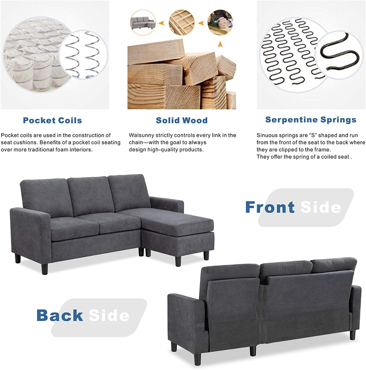 L Shape Sofa Set: Dark Grey Fabric Convertible Sofa Couch
