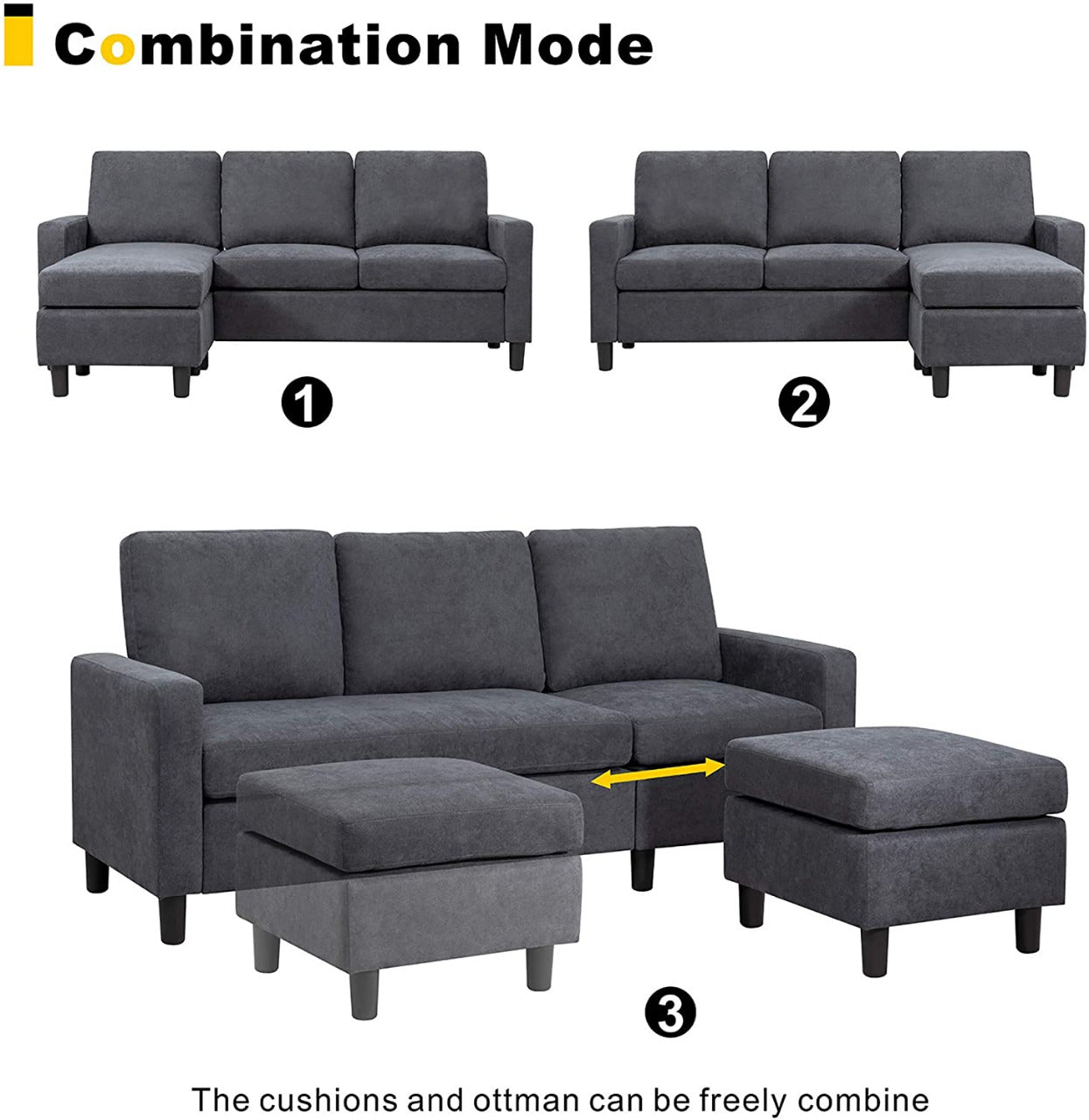 L Shape Sofa Set: Dark Grey Fabric Convertible Sofa Couch