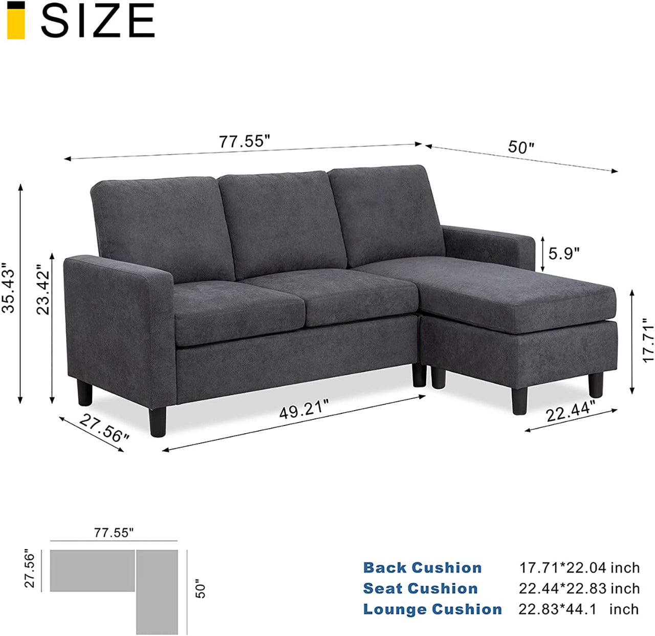 L Shape Sofa Set: Dark Grey Fabric Convertible Sofa Couch