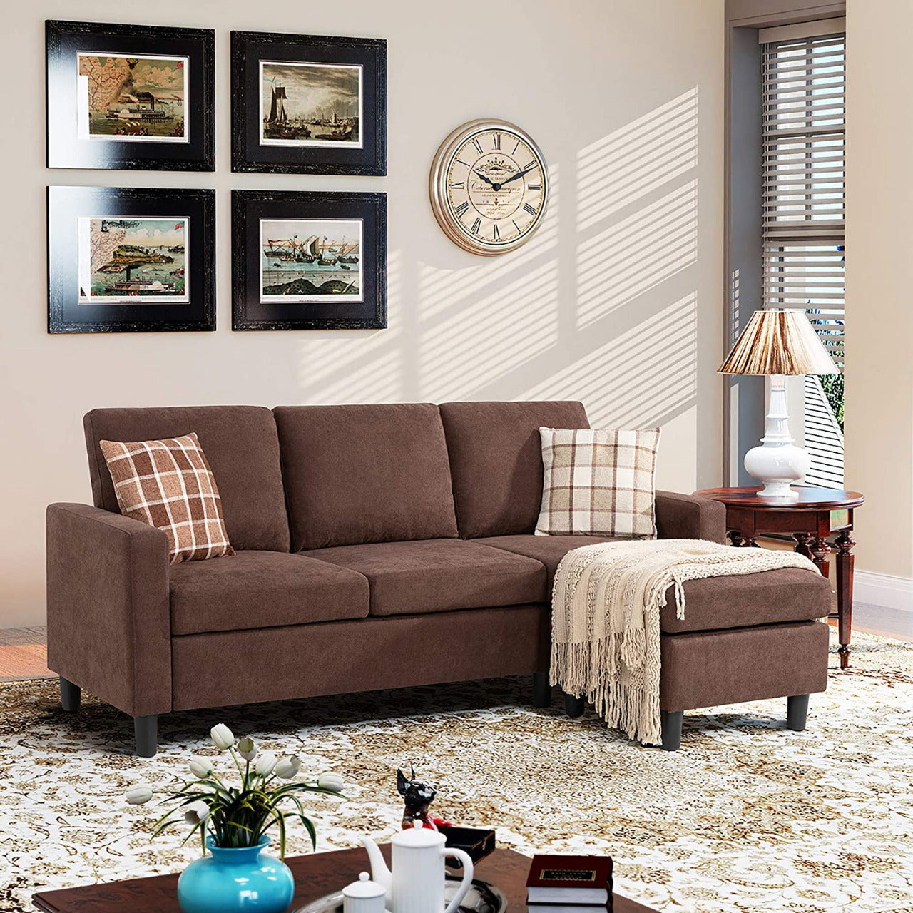 L Shape Sofa Set: Dark Grey Fabric Convertible Sofa Couch