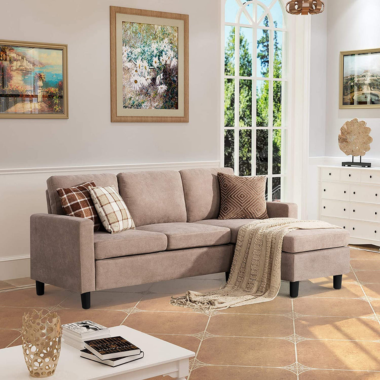 L Shape Sofa Set: Dark Grey Fabric Convertible Sofa Couch