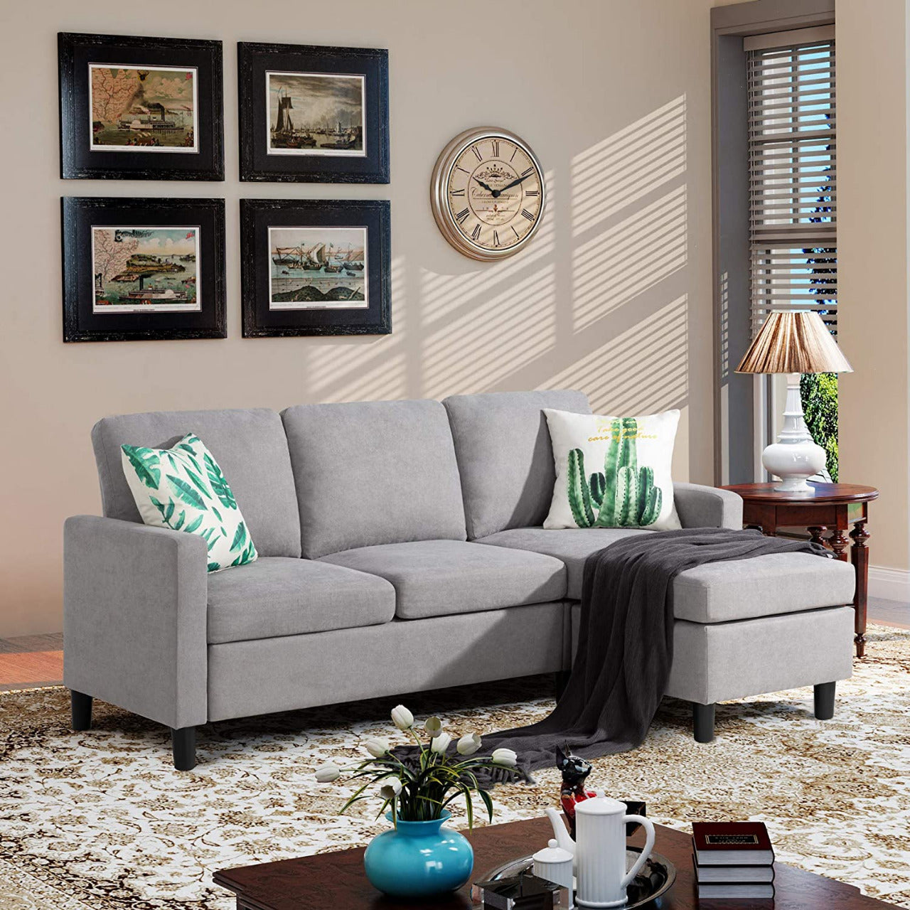 L Shape Sofa Set: Dark Grey Fabric Convertible Sofa Couch