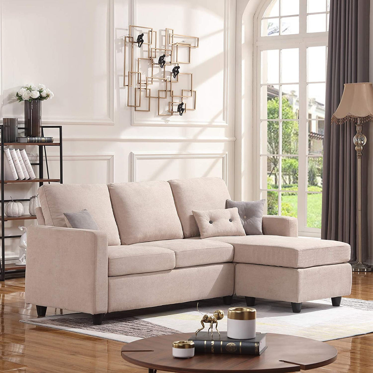 L Shape Sofa Set: Dark Grey Fabric Convertible Sofa Couch