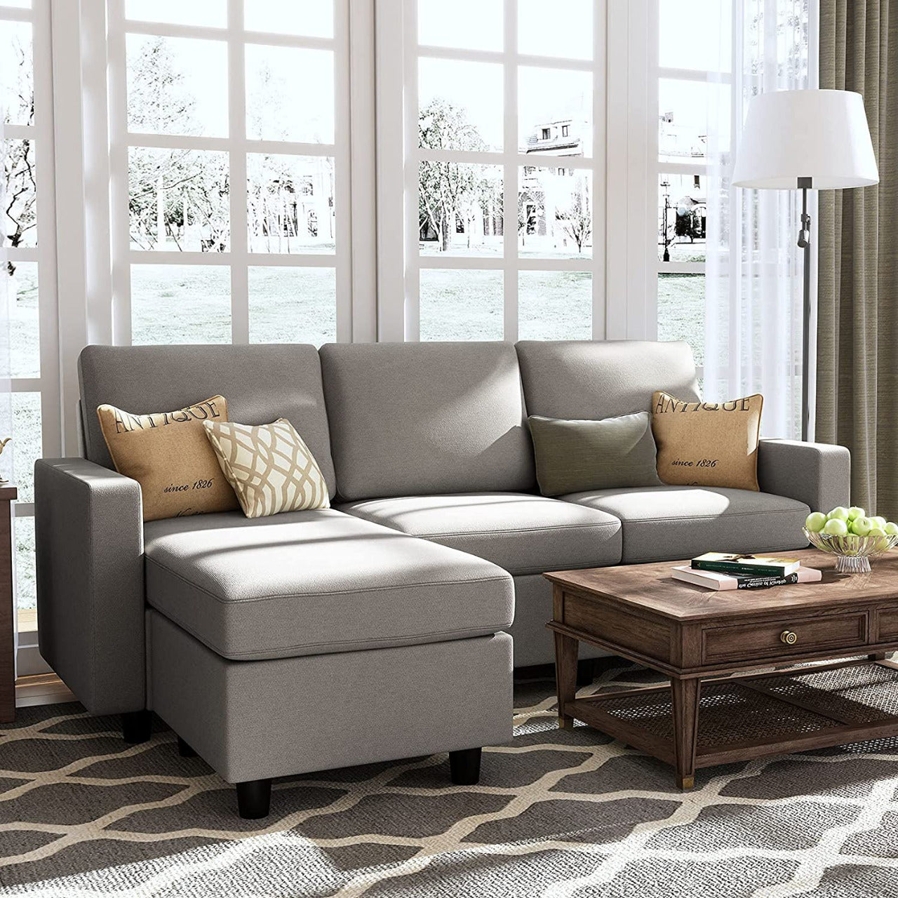 L Shape Sofa Set: Dark Grey Fabric Convertible Sofa Couch
