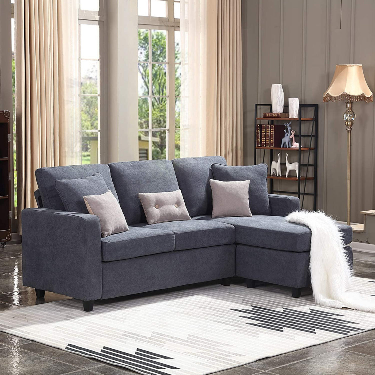 L Shape Sofa Set: Dark Grey Fabric Convertible Sofa Couch