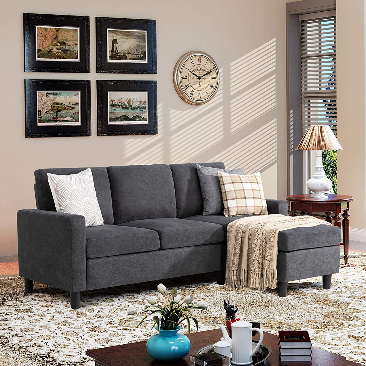 L Shape Sofa Set: Dark Grey Fabric Convertible Sofa Couch