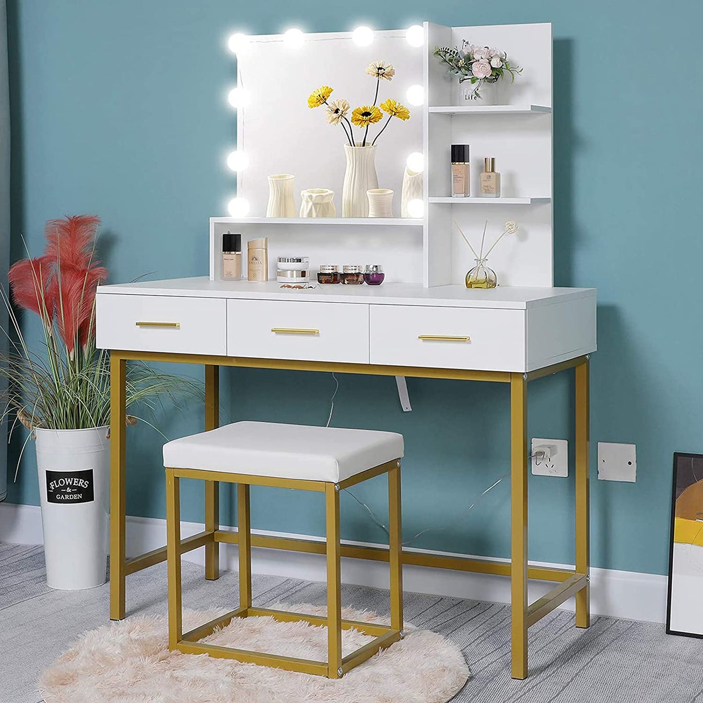 Dressing Table : Vanity Set with 10 LEDs Lighted Mirror & Makeup Table with Padded Cushioned Stool