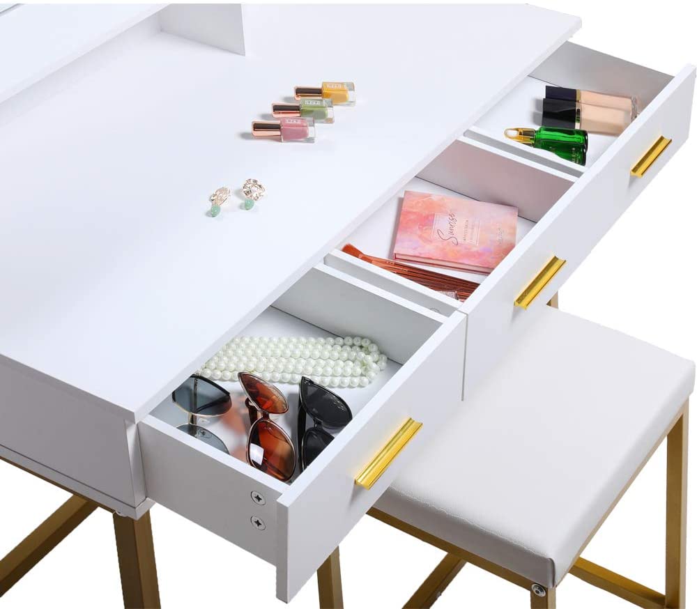 Dressing Table : Vanity Set with 10 LEDs Lighted Mirror & Makeup Table with Padded Cushioned Stool