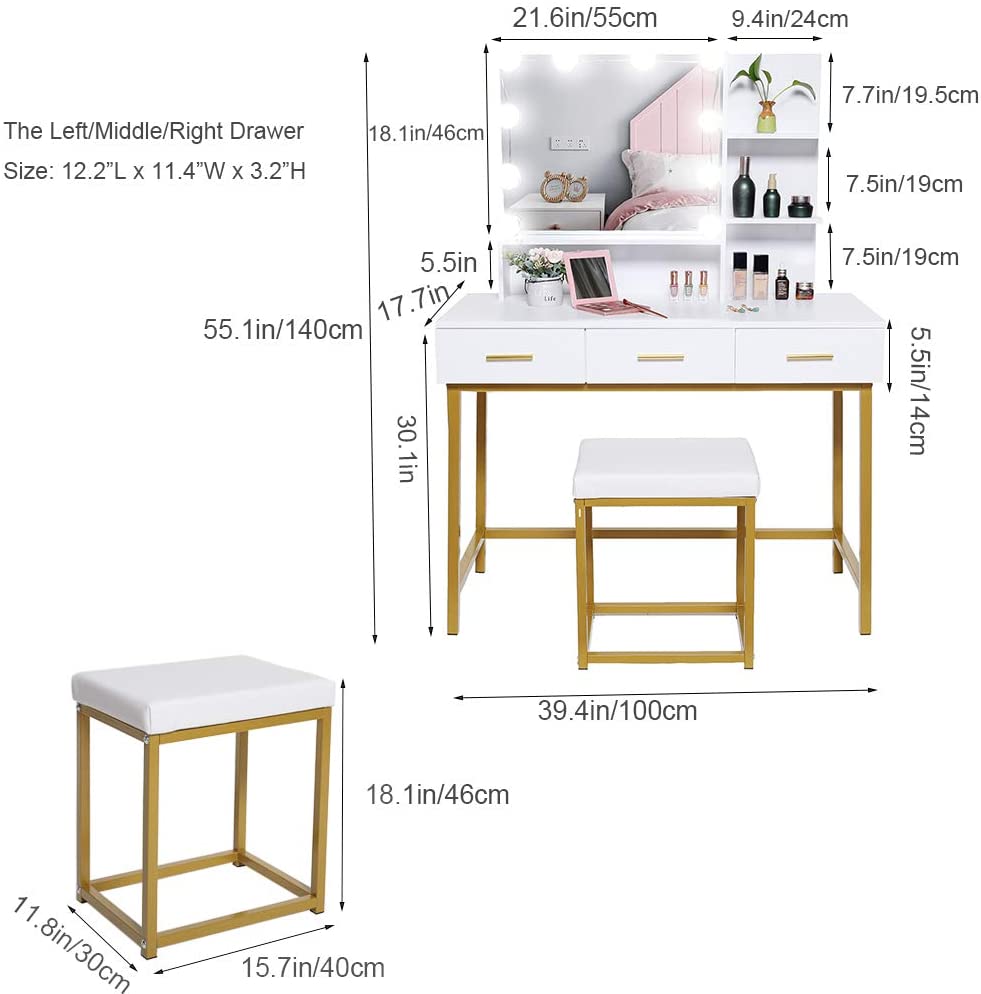 Dressing Table : Vanity Set with 10 LEDs Lighted Mirror & Makeup Table with Padded Cushioned Stool