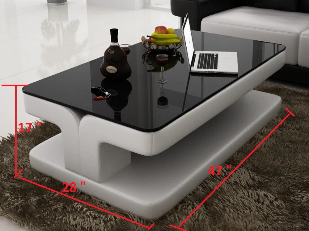 Leatherette Coffee Table: Contemporary White Leatherette Coffee Table W/Black Glass Table Top