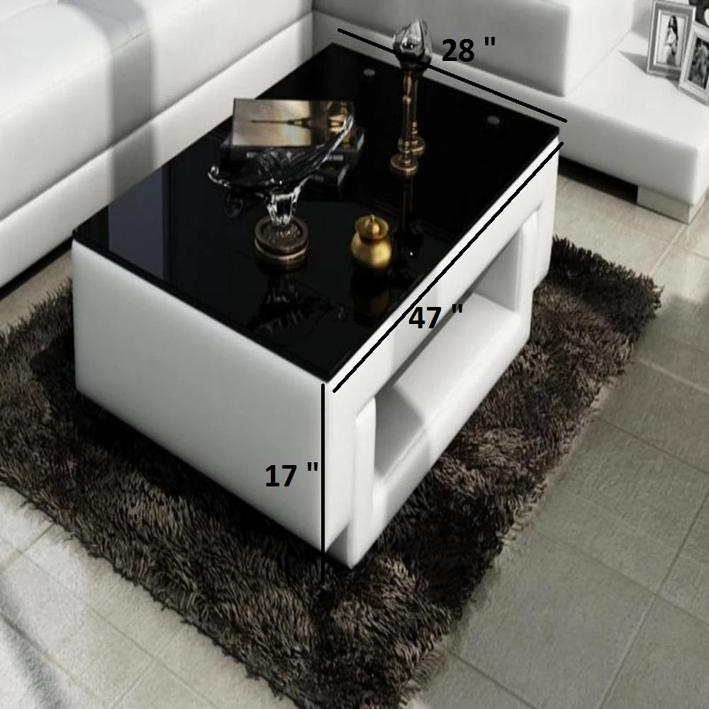Leatherette Coffee Table: White Leatherette Coffee Table with Black Glass Table