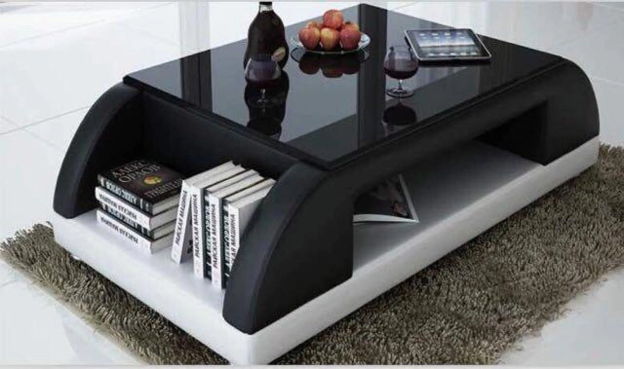 Leatherette Coffee Table: Black and White Leatherette Coffee Table w/Black Glass