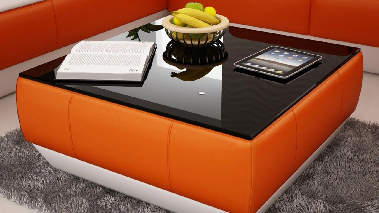 Leatherette Coffee Table: Contemporary Orange and White Leatherette Coffee Table W/Black Glass Table Top