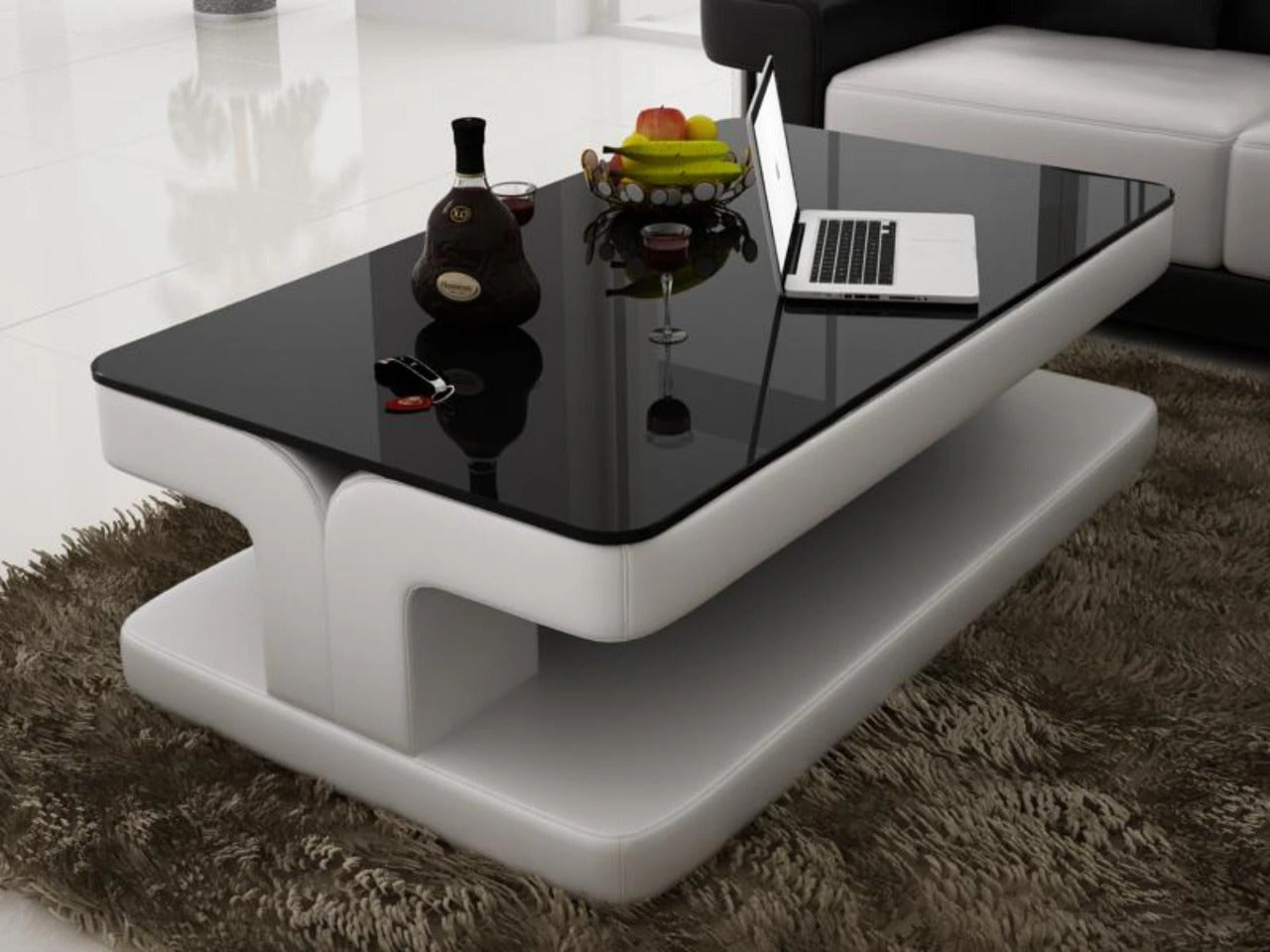 Leatherette Coffee Table: Contemporary White Leatherette Coffee Table W/Black Glass Table Top