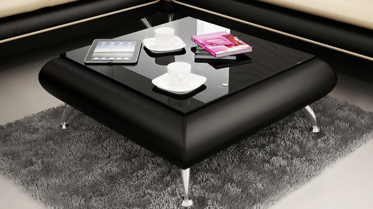 Leatherette Coffee Table: Black Leatherette Coffee Table W/Black Glass Table