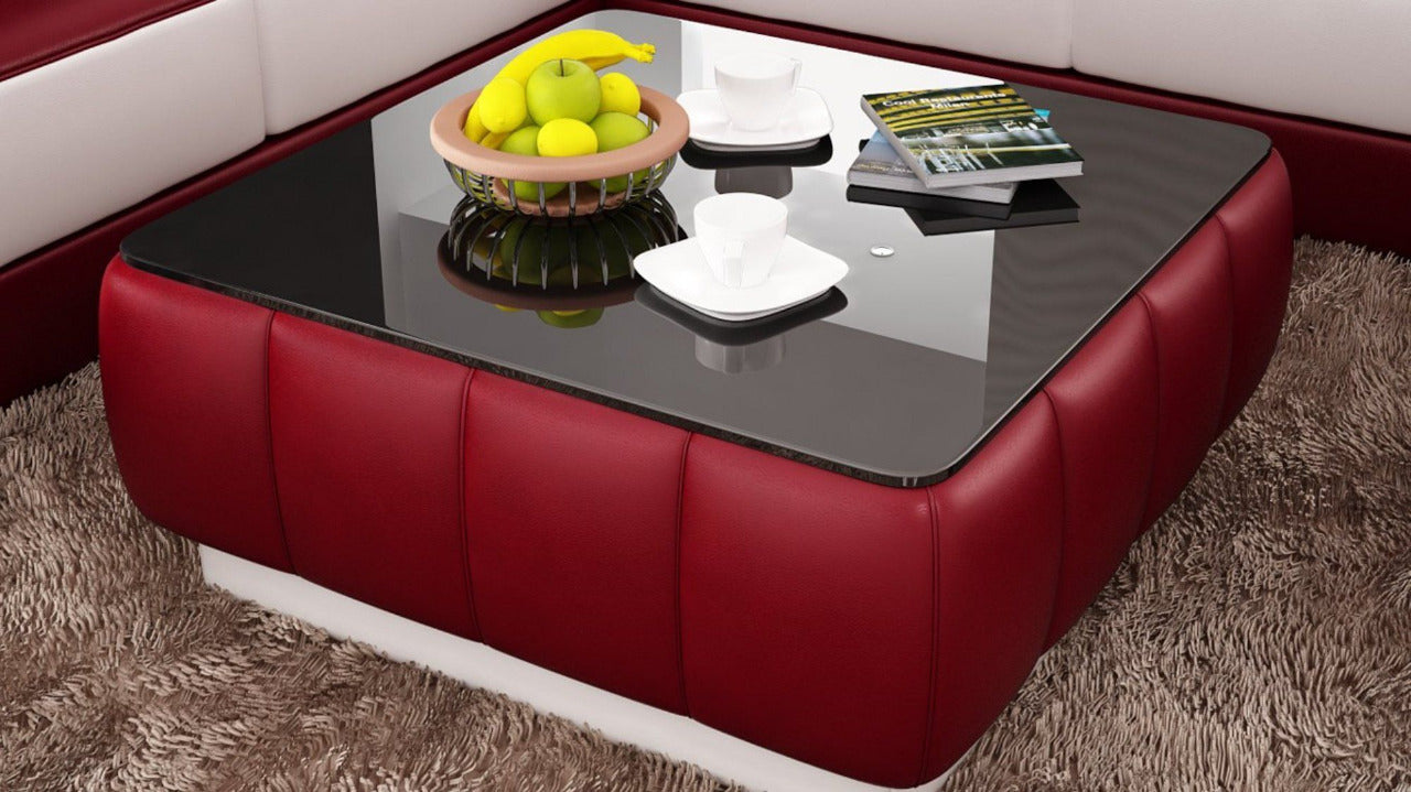 Leatherette Coffee Table: Contemporary Red and White Leatherette Coffee Table /Black Glass Table Top