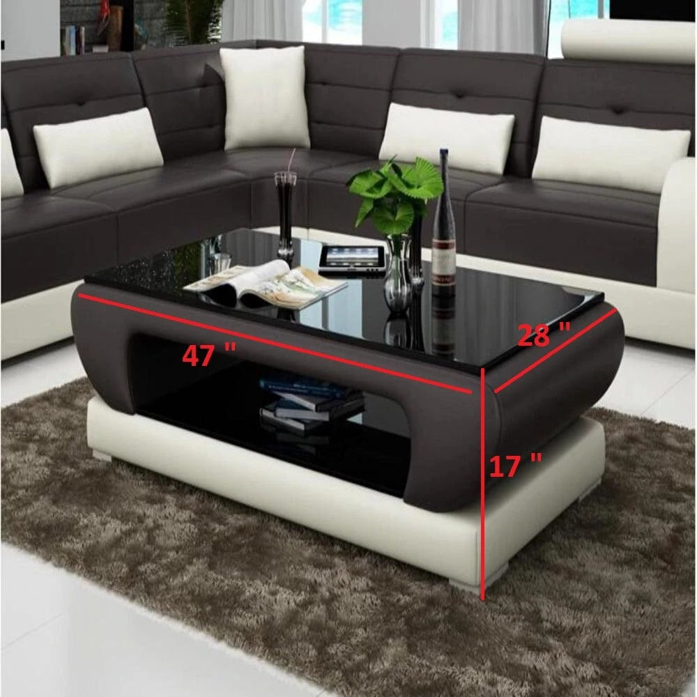 Leatherette Coffee Table: Black and White Leatherette Coffee Table with Black Glass