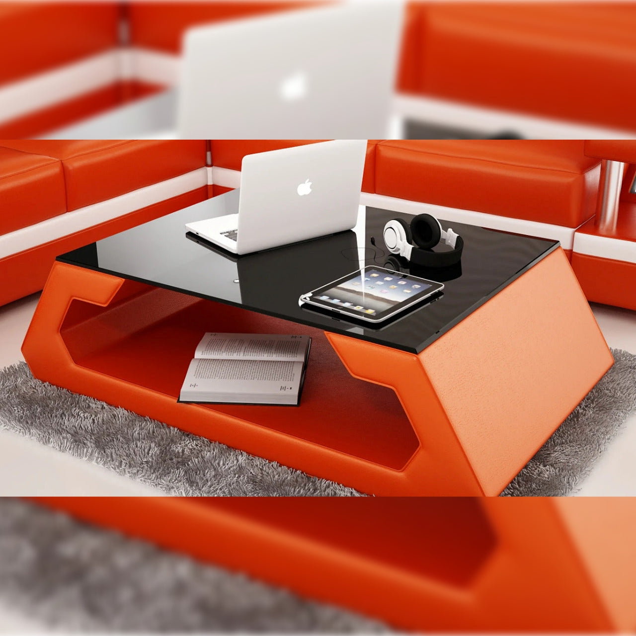 Leatherette Coffee Table Modernized Orange Leatherette Coffee Table WBlack Glass Table Top