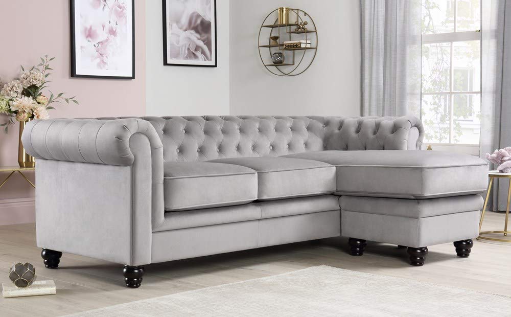 L Shape Sofa Set:- Chesterfield Corner Leatherette Sofa Set ( Silver Grey)