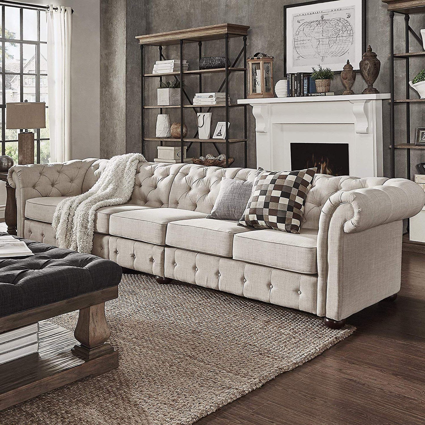 4 Seater Sofa Set:- Extra Long Tufted Chesterfield Modular Fabric Sofa Set (Cream)