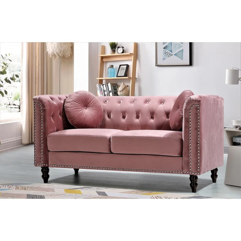 Loveseat: 64.17'' Velvet Rolled Arm Chesterfield Loveseat
