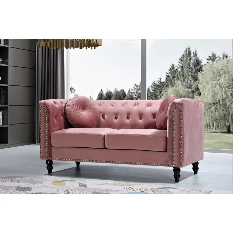 Loveseat: 64.17'' Velvet Rolled Arm Chesterfield Loveseat