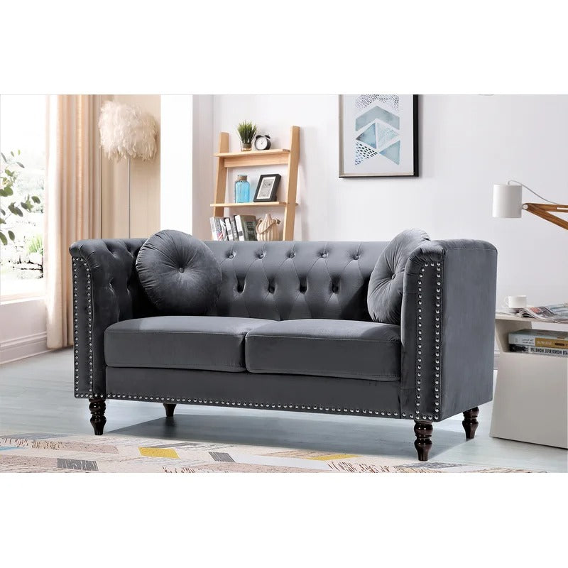 Loveseat: 64.17'' Velvet Rolled Arm Chesterfield Loveseat
