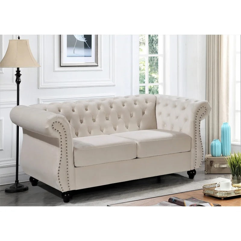 Loveseat: 67.6'' Velvet Rolled Arm Chesterfield Loveseat