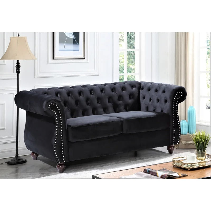 Loveseat: 67.6'' Velvet Rolled Arm Chesterfield Loveseat