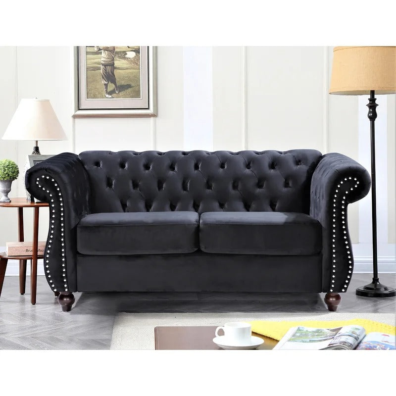 Loveseat: 67.6'' Velvet Rolled Arm Chesterfield Loveseat