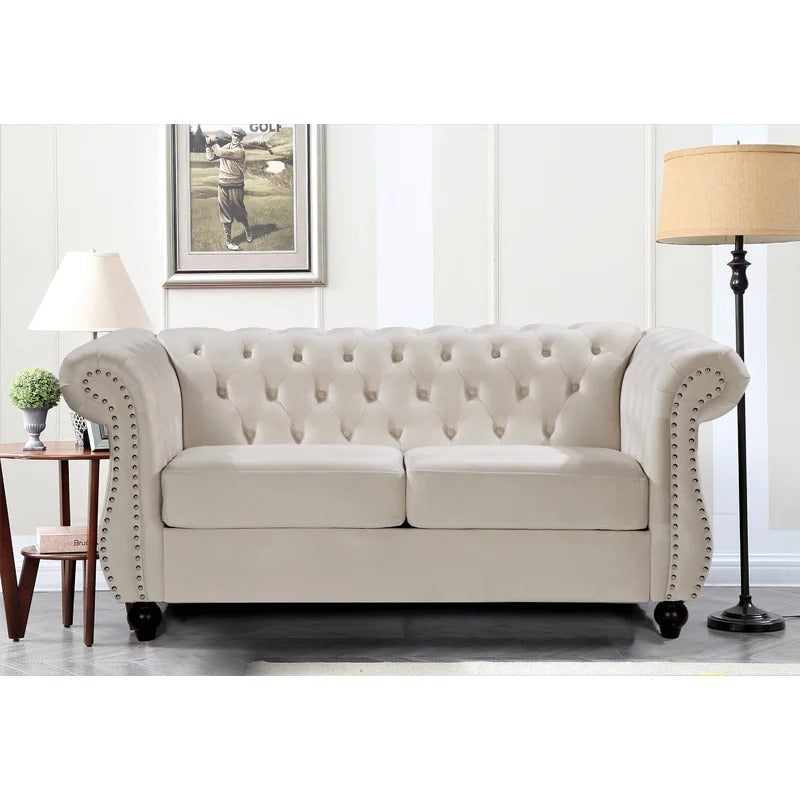 Loveseat: 67.6'' Velvet Rolled Arm Chesterfield Loveseat