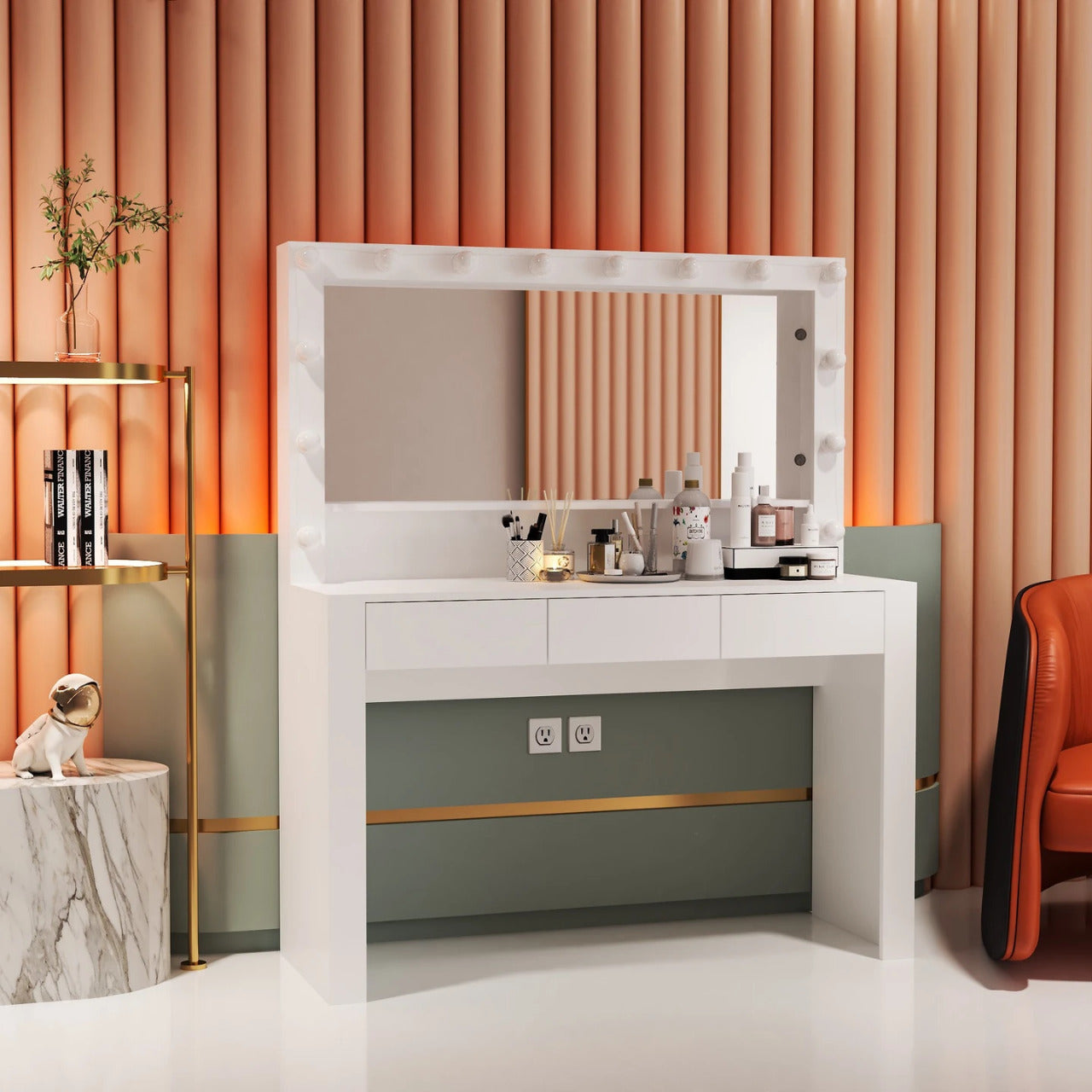 Makeup Vanity: Dressing Table With wide mirror & Light Bulbs