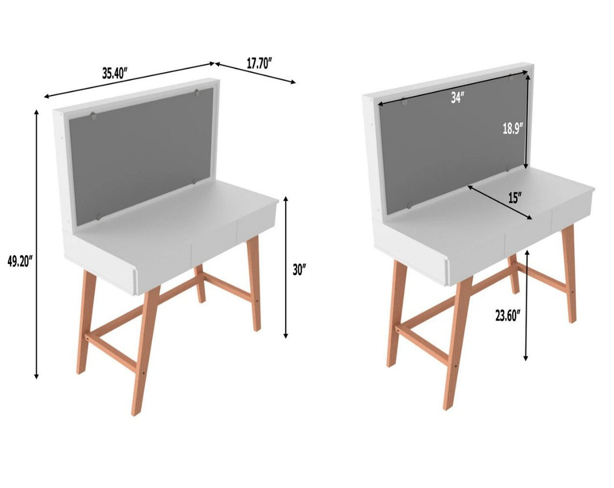 Makeup Vanity: Dressing Table with 3 drawers, wood legs & LED Lights