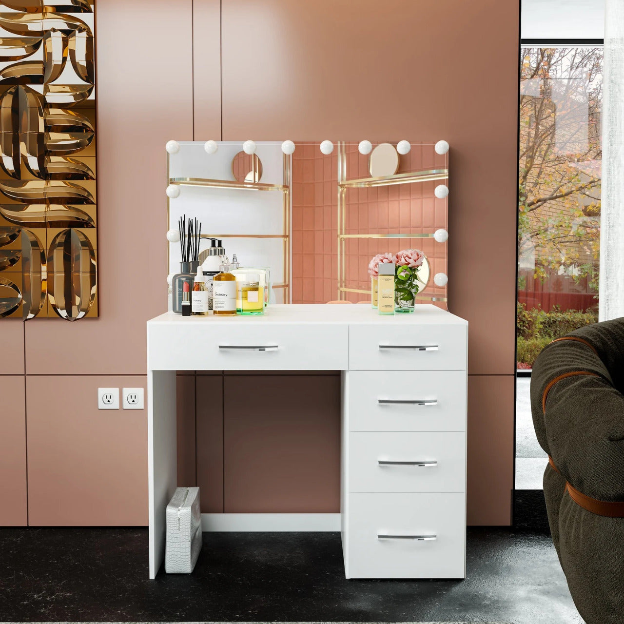 Makeup Vanity : Emie Vanity Dressing Table with Light Bulbs