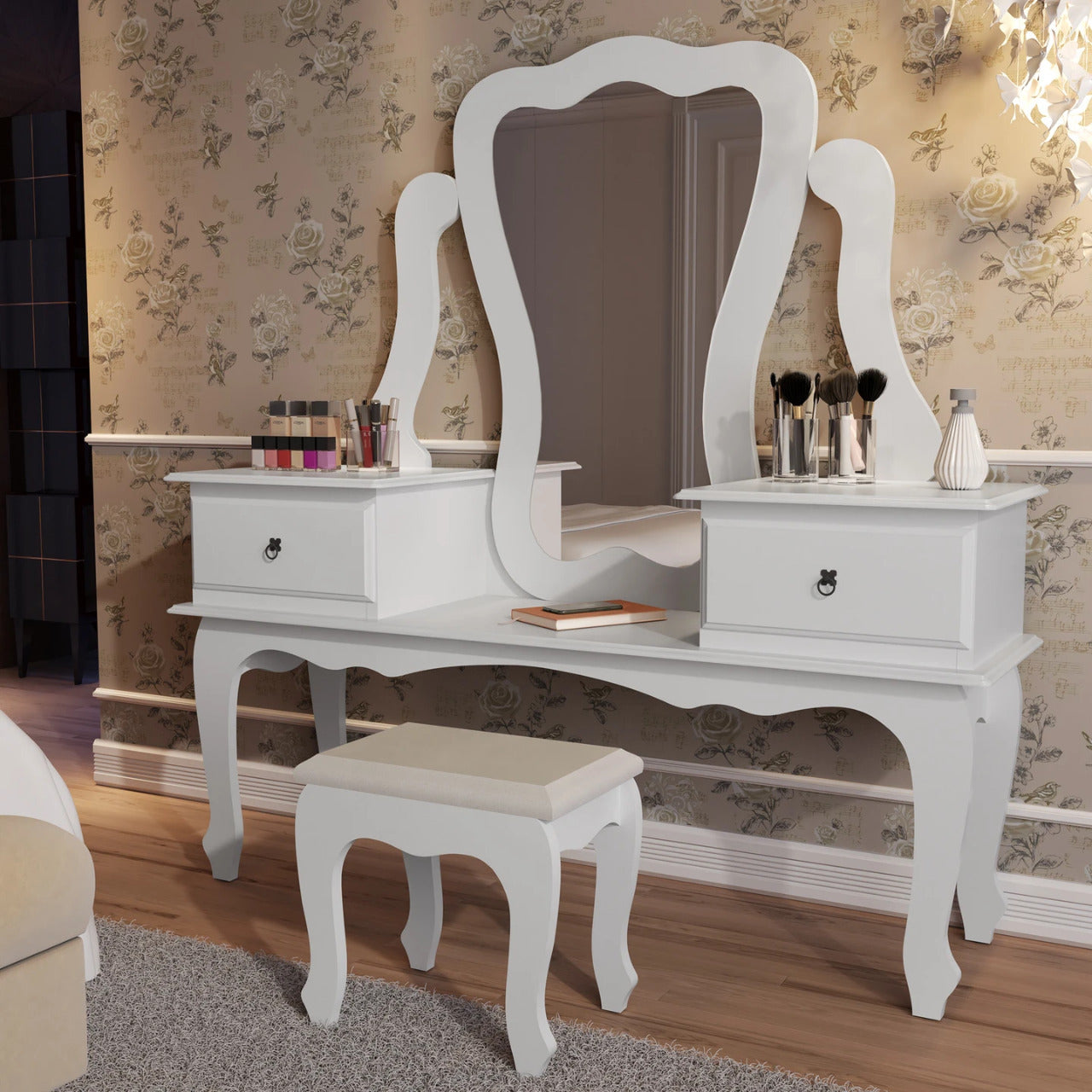 Makeup Vanity: Gian Vanity with Bench, White & 02 drawers