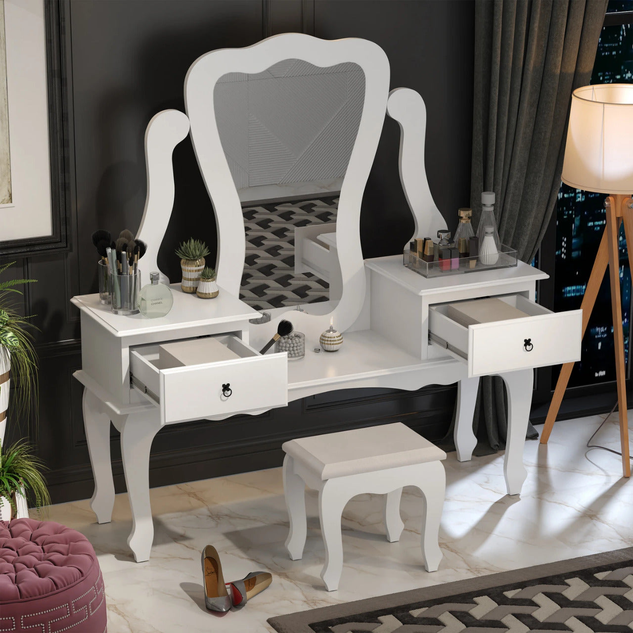 Makeup Vanity: Gian Vanity with Bench, White & 02 drawers