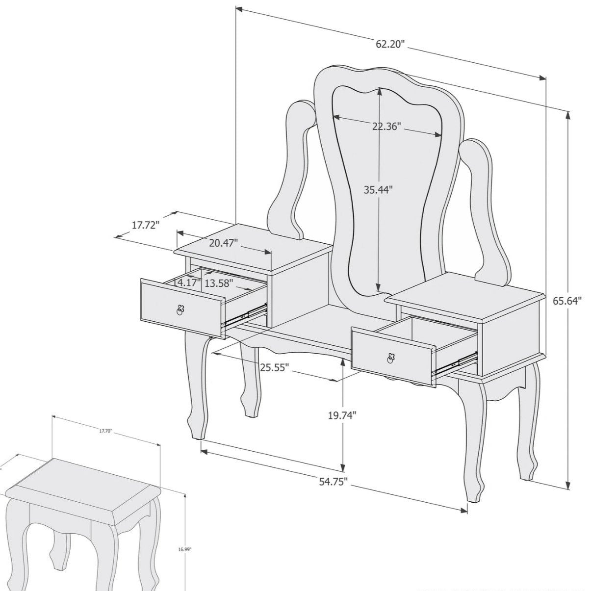 Makeup Vanity: Gian Vanity with Bench, White & 02 drawers