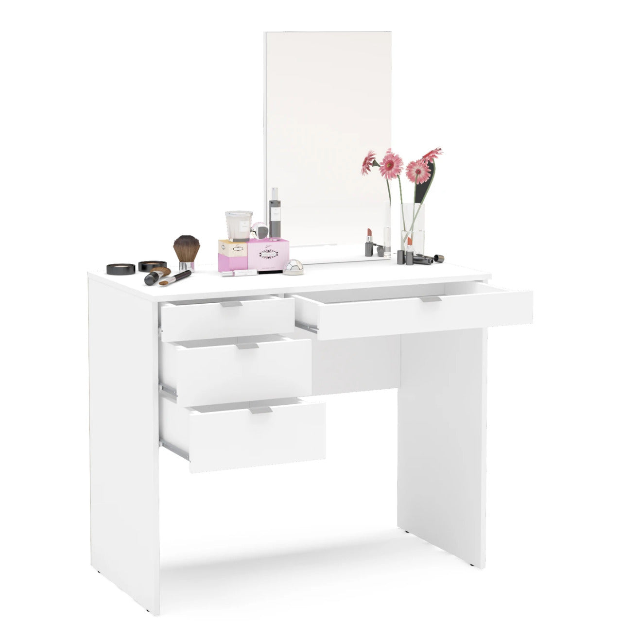 Makeup Vanity : Kate Dressing Table with Mirror, White Finish , 4 Drawers