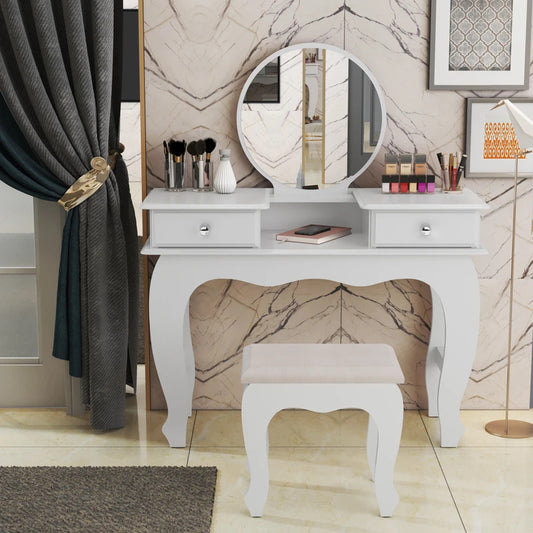 Makeup Vanity: Lana Vanity Set with bench, Circular Mirror and 02 drawers